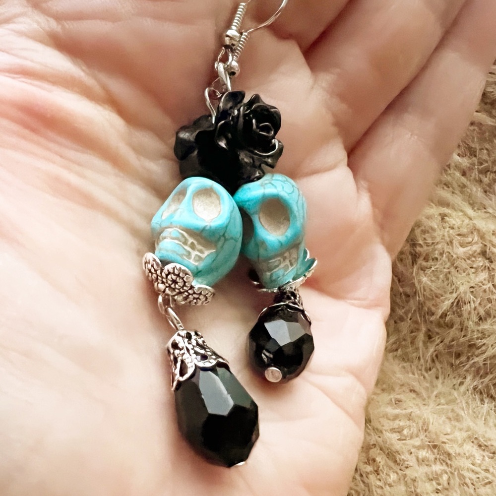 Ghoulish Faux Turquoise and Black Bead Drop Earrings